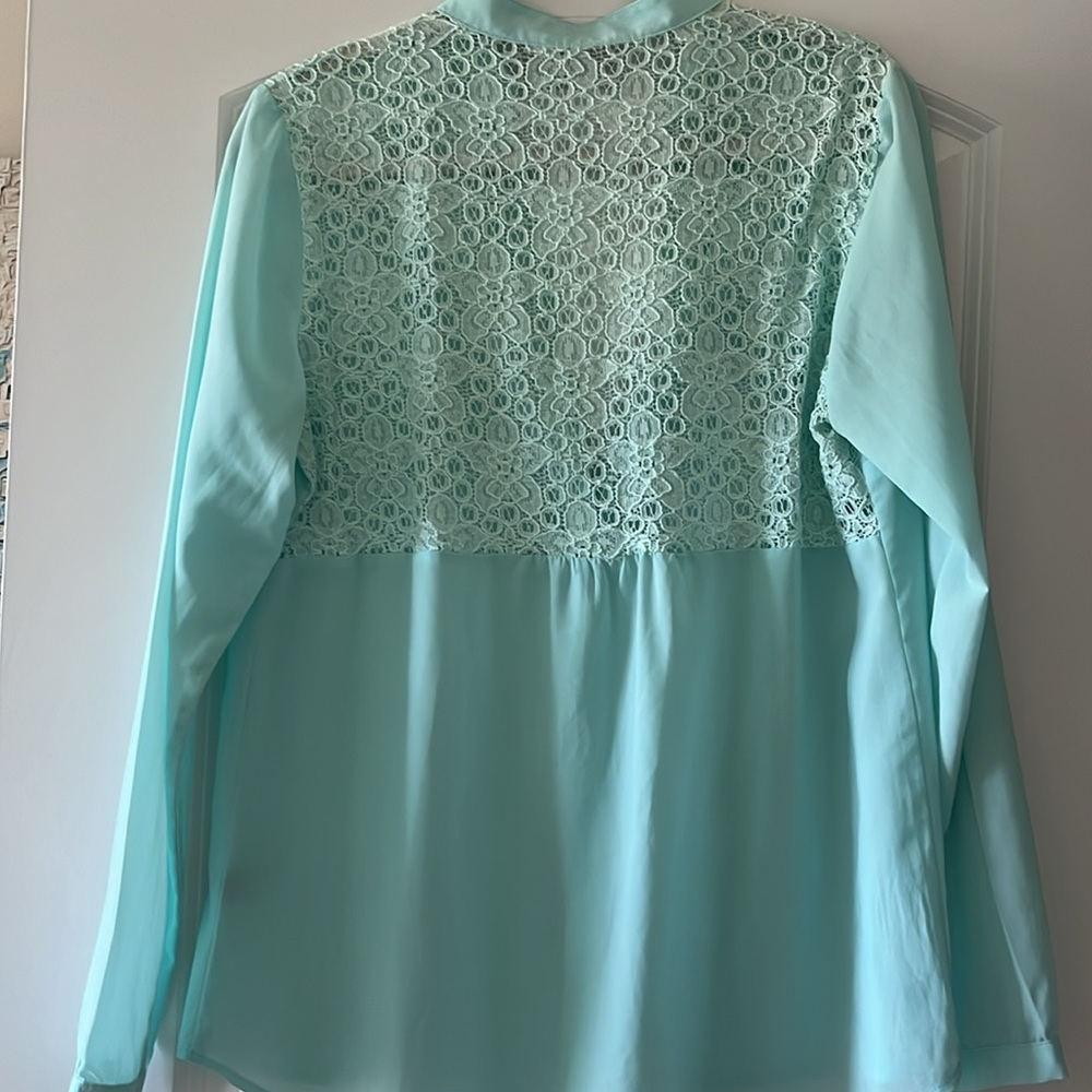Turquoise, sheer long sleeve, top with lace back - Picture 3 of 4